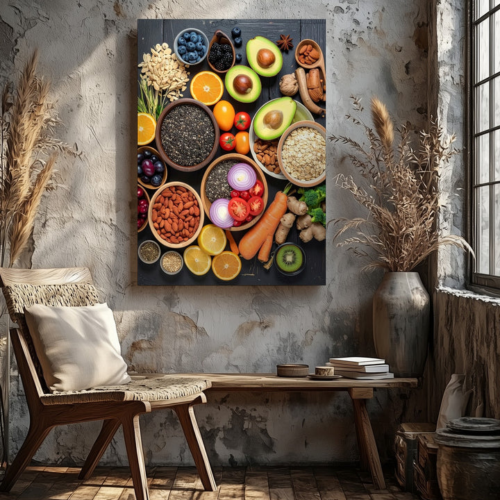 Wholesome Food Flat-Lay Canvas – Vibrant Fruits, Vegetables, and Grains on Dark Wood - Gifitto