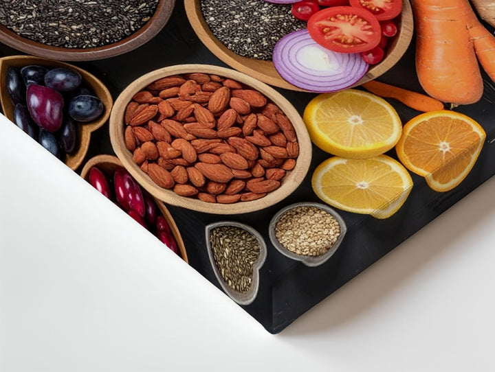 Wholesome Food Flat-Lay Canvas – Vibrant Fruits, Vegetables, and Grains on Dark Wood - Gifitto