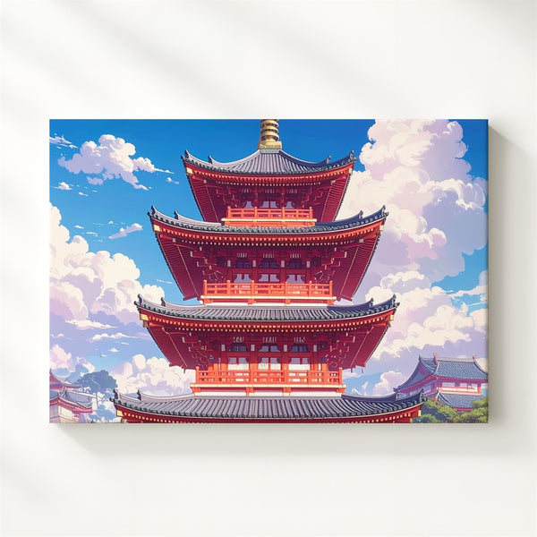 Red Pagoda Under Blue Sky Canvas – Traditional Japanese Temple Photography Art - Gifitto