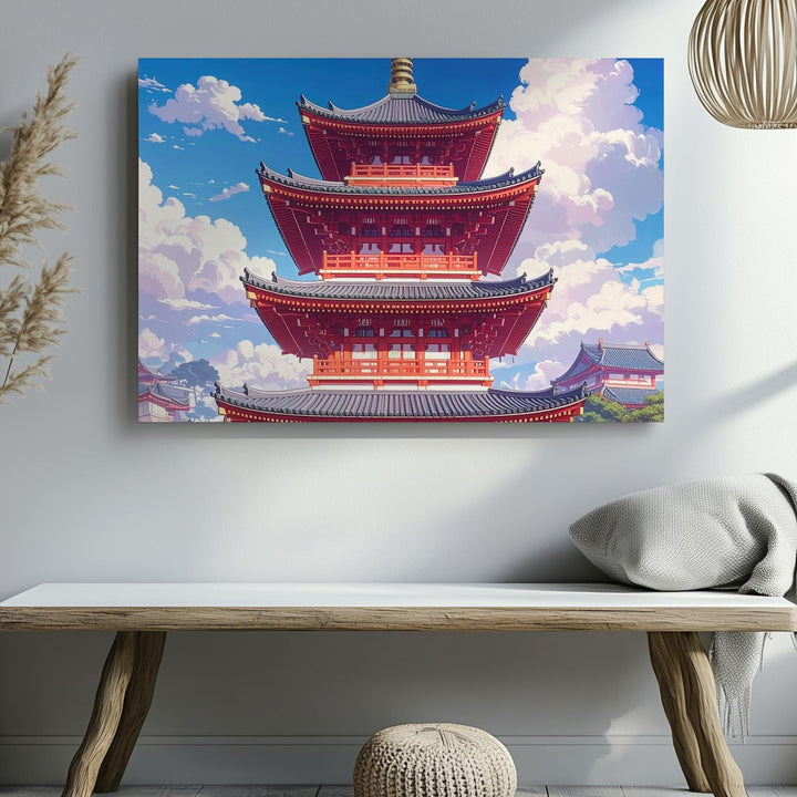 Red Pagoda Under Blue Sky Canvas – Traditional Japanese Temple Photography Art - Gifitto