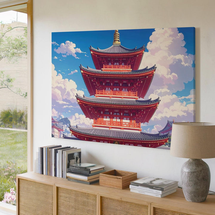 Red Pagoda Under Blue Sky Canvas – Traditional Japanese Temple Photography Art - Gifitto