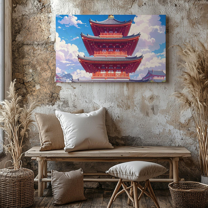 Red Pagoda Under Blue Sky Canvas – Traditional Japanese Temple Photography Art - Gifitto