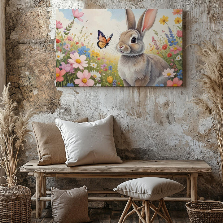 Bunny & Butterfly Canvas – Vibrant Spring Wall Art - Gifitto