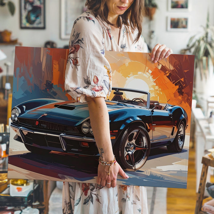 Black Corvette Convertible Canvas – Abstract Sunset Fusion of Art & Muscle - Gifitto