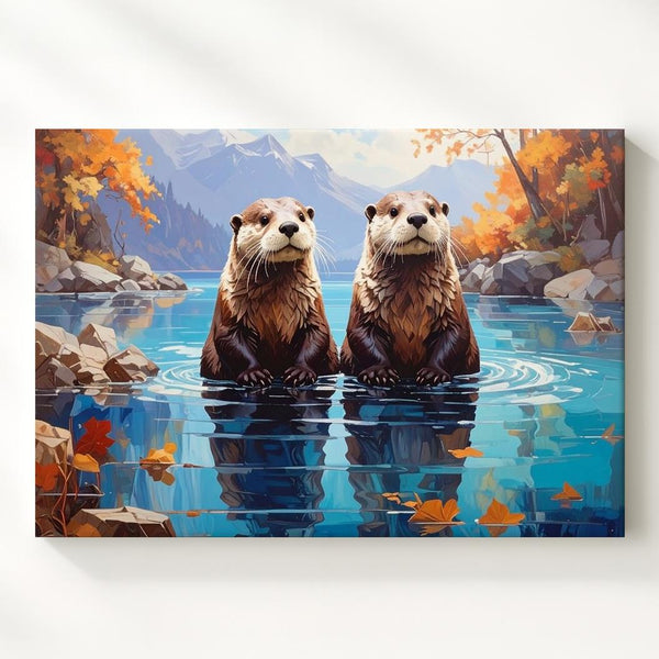 Otter Companionship Canvas – Autumn Lake Scene with Floating Leaves - Gifitto