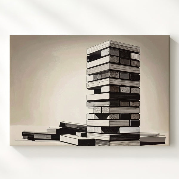 Leaning Jenga Tower Canvas – Minimalist Black Ink Strategy Wall Art - Gifitto