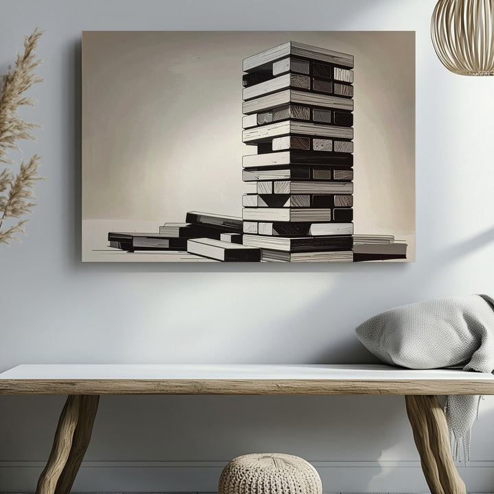 Leaning Jenga Tower Canvas – Minimalist Black Ink Strategy Wall Art - Gifitto