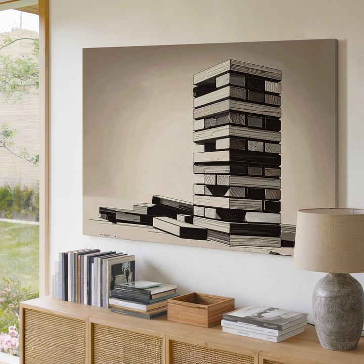 Leaning Jenga Tower Canvas – Minimalist Black Ink Strategy Wall Art - Gifitto