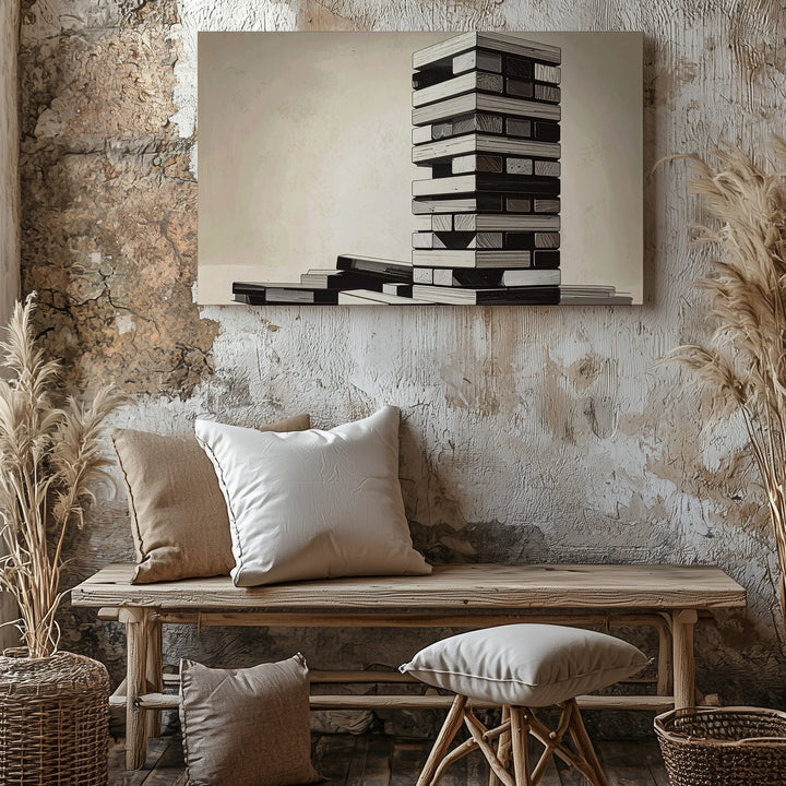 Leaning Jenga Tower Canvas – Minimalist Black Ink Strategy Wall Art - Gifitto