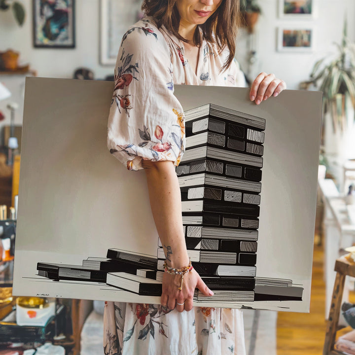 Leaning Jenga Tower Canvas – Minimalist Black Ink Strategy Wall Art - Gifitto