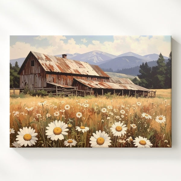 Rustic Barn & Daisy Field Canvas – Nostalgic Countryside Wall Art - Gifitto