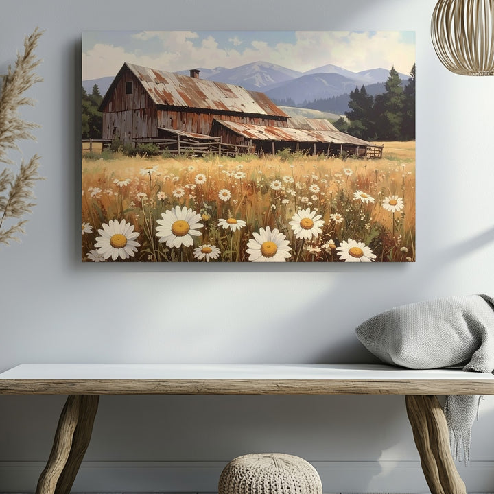 Rustic Barn & Daisy Field Canvas – Nostalgic Countryside Wall Art - Gifitto