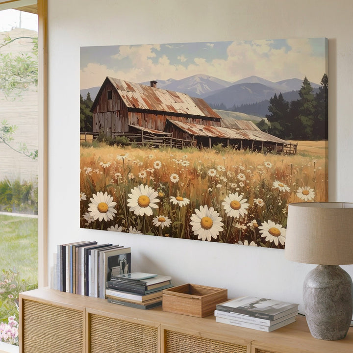 Rustic Barn & Daisy Field Canvas – Nostalgic Countryside Wall Art - Gifitto