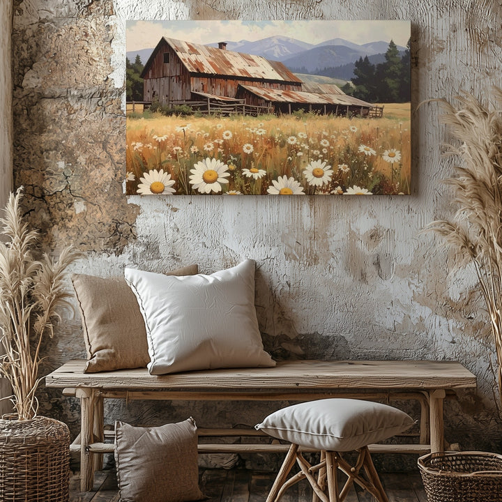 Rustic Barn & Daisy Field Canvas – Nostalgic Countryside Wall Art - Gifitto