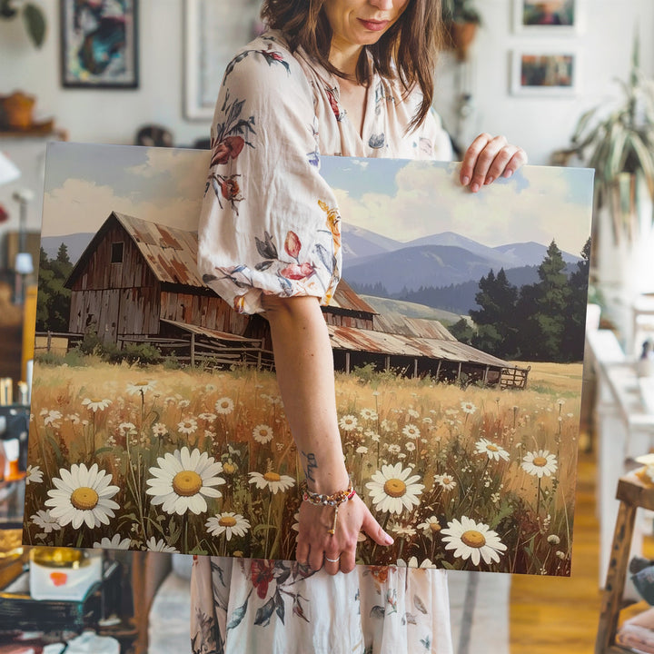 Rustic Barn & Daisy Field Canvas – Nostalgic Countryside Wall Art - Gifitto