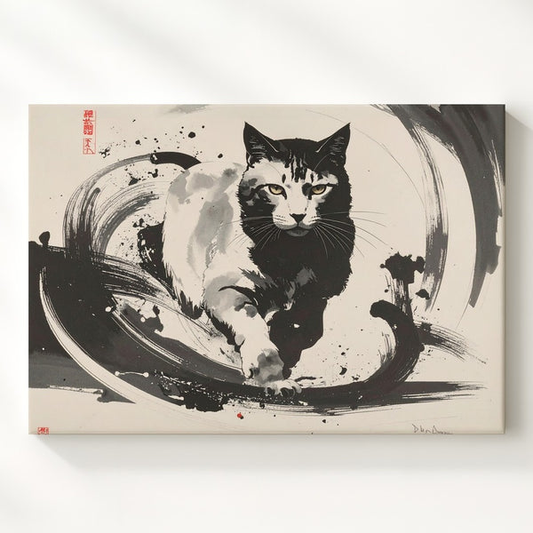 Sumi-E Style Cat in Motion Canvas – Bold Black and White Ink Painting - Gifitto