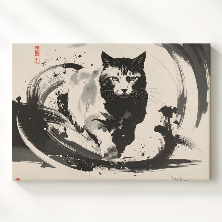 Sumi-E Style Cat in Motion Canvas – Bold Black and White Ink Painting - Gifitto