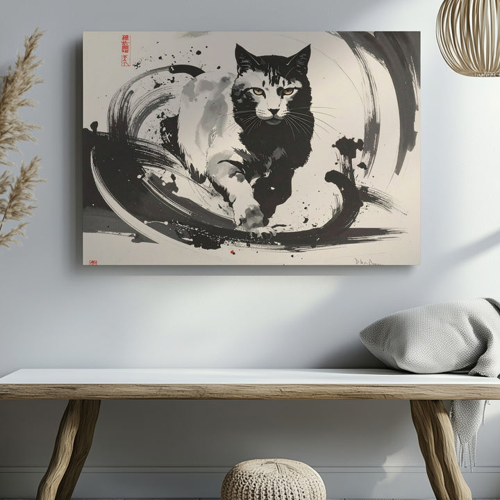 Sumi-E Style Cat in Motion Canvas – Bold Black and White Ink Painting - Gifitto