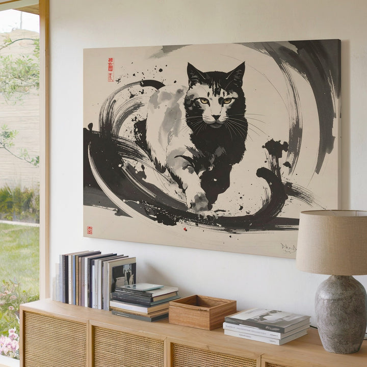 Sumi-E Style Cat in Motion Canvas – Bold Black and White Ink Painting - Gifitto