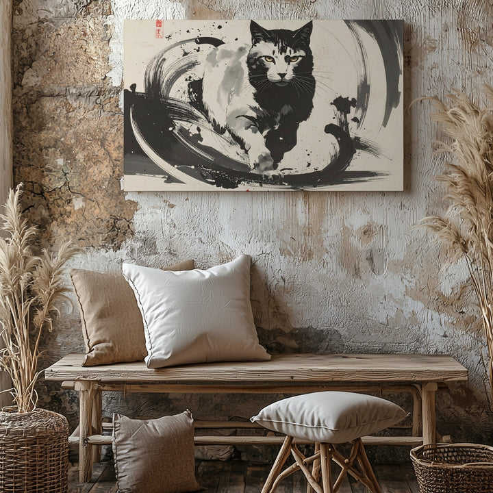 Sumi-E Style Cat in Motion Canvas – Bold Black and White Ink Painting - Gifitto