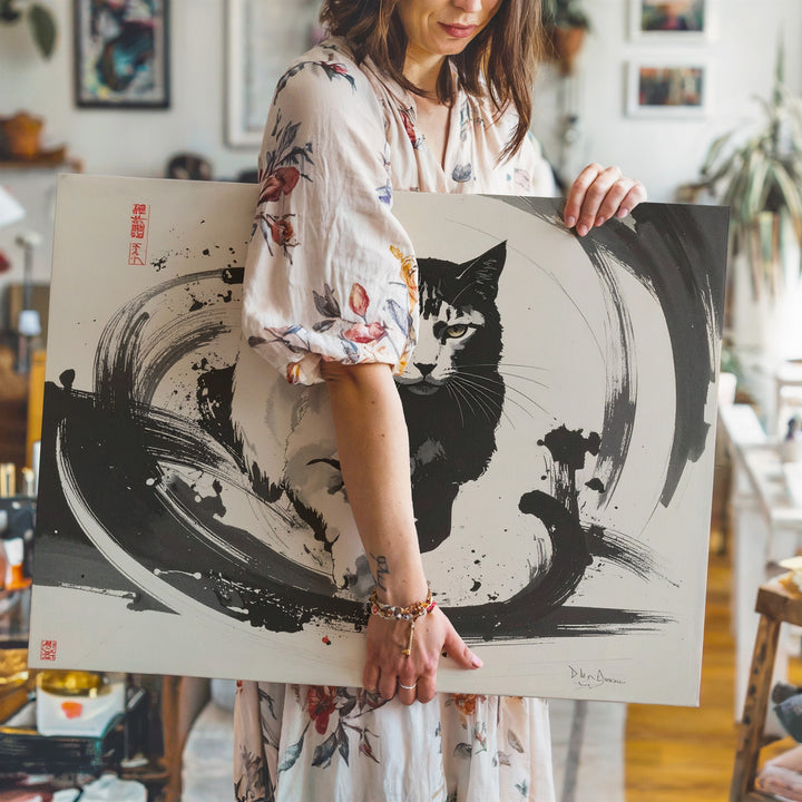 Sumi-E Style Cat in Motion Canvas – Bold Black and White Ink Painting - Gifitto