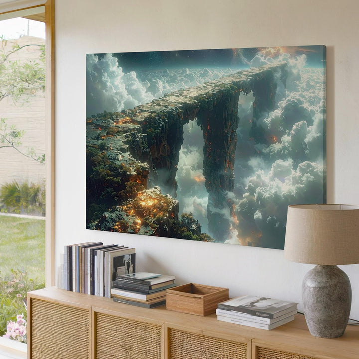 Celestial Stone Arch Canvas – Surreal Alien Bridge Over Misty Abyss - Gifitto