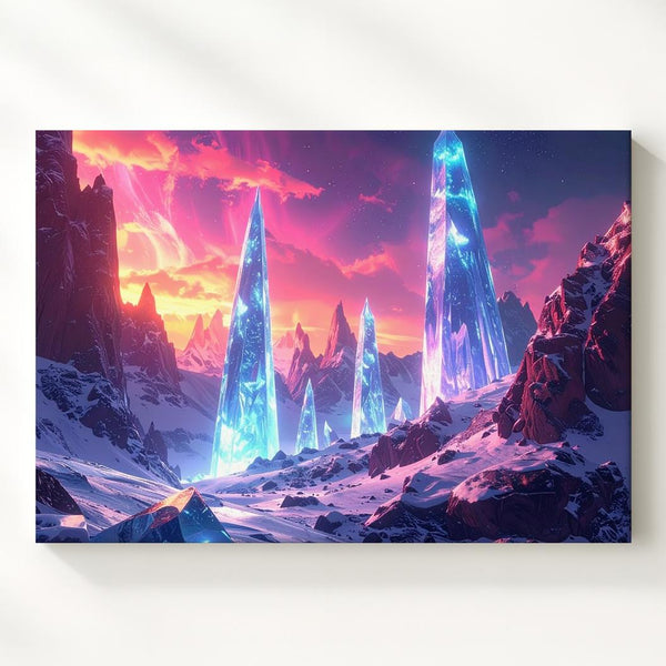 Glowing Ice Spires Canvas – Surreal Alien Landscape with Frost and Snow - Gifitto