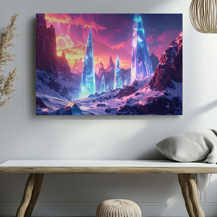 Glowing Ice Spires Canvas – Surreal Alien Landscape with Frost and Snow - Gifitto
