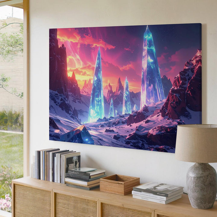 Glowing Ice Spires Canvas – Surreal Alien Landscape with Frost and Snow - Gifitto