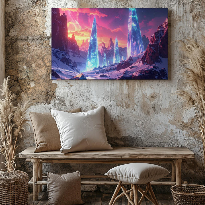 Glowing Ice Spires Canvas – Surreal Alien Landscape with Frost and Snow - Gifitto
