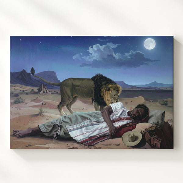 Desert Dream Guardian Canvas – Surreal Lion & Sleeper Nightscape Art - Gifitto
