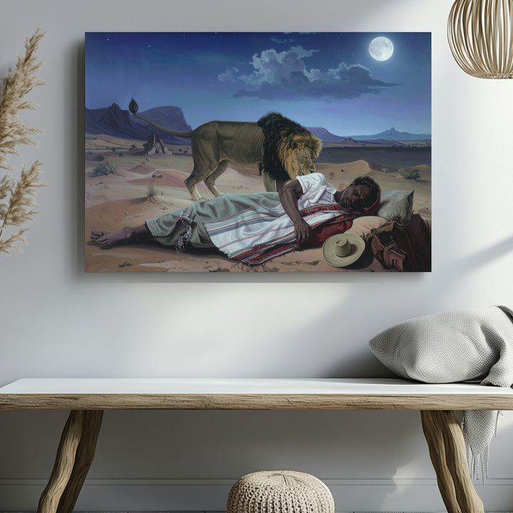 Desert Dream Guardian Canvas – Surreal Lion & Sleeper Nightscape Art - Gifitto