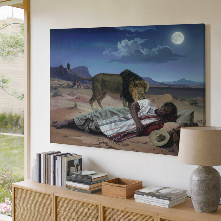 Desert Dream Guardian Canvas – Surreal Lion & Sleeper Nightscape Art - Gifitto