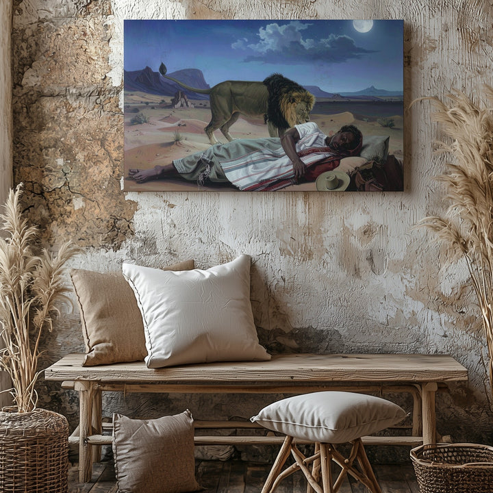 Desert Dream Guardian Canvas – Surreal Lion & Sleeper Nightscape Art - Gifitto