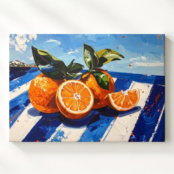 Mediterranean Orange Canvas – Bold Citrus Still Life on Striped Blue Surface - Gifitto