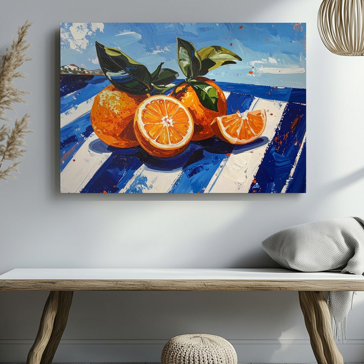 Mediterranean Orange Canvas – Bold Citrus Still Life on Striped Blue Surface - Gifitto