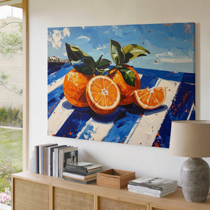 Mediterranean Orange Canvas – Bold Citrus Still Life on Striped Blue Surface - Gifitto