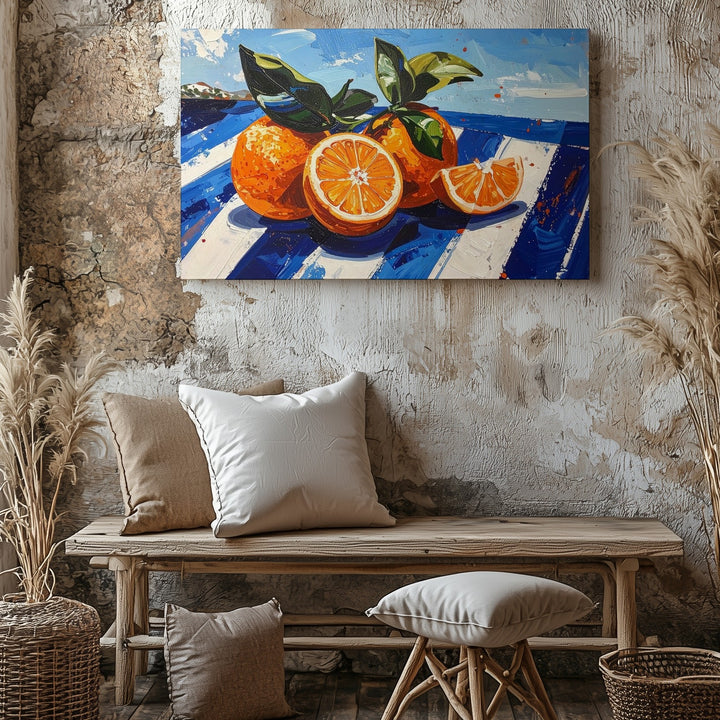 Mediterranean Orange Canvas – Bold Citrus Still Life on Striped Blue Surface - Gifitto