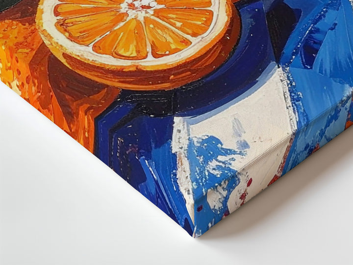 Mediterranean Orange Canvas – Bold Citrus Still Life on Striped Blue Surface - Gifitto