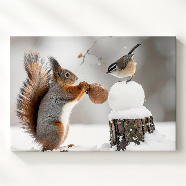 Snowball Encounter Canvas – Whimsical Squirrel & Bird Winter Scene