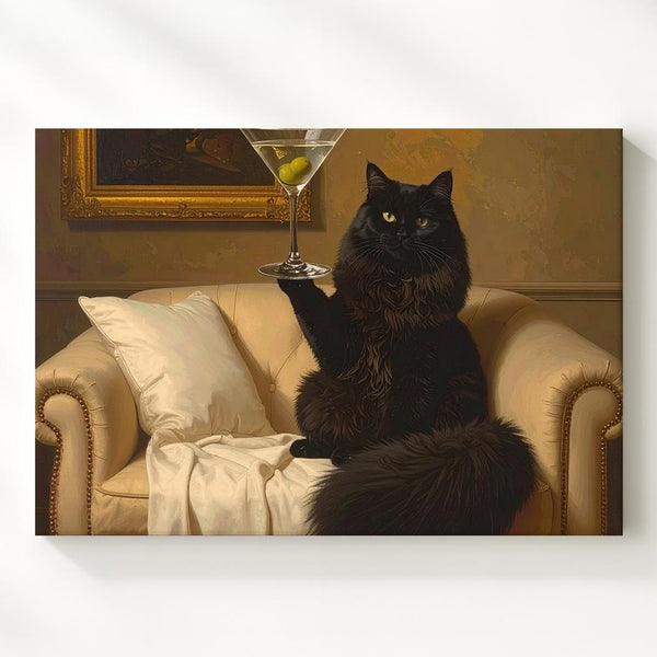 Elegant Martini Cat Canvas – Whimsical Black Cat Portrait with Vintage Charm - Gifitto