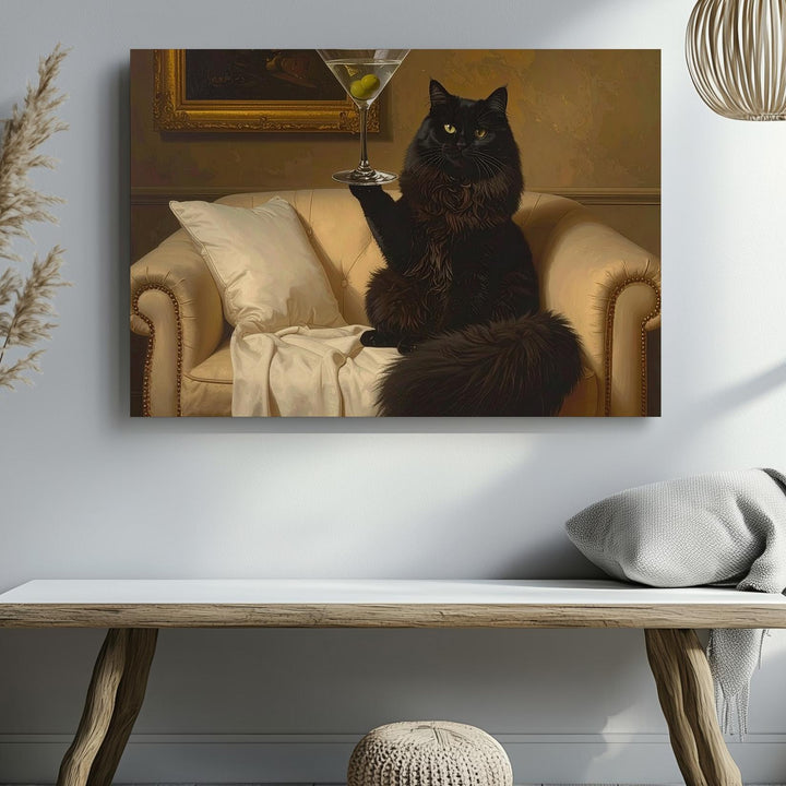 Elegant Martini Cat Canvas – Whimsical Black Cat Portrait with Vintage Charm - Gifitto