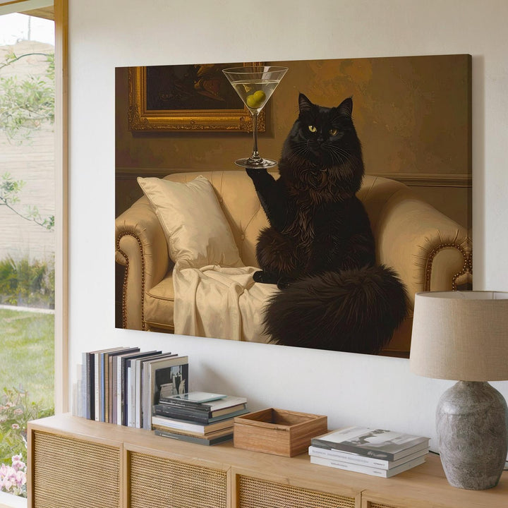 Elegant Martini Cat Canvas – Whimsical Black Cat Portrait with Vintage Charm - Gifitto