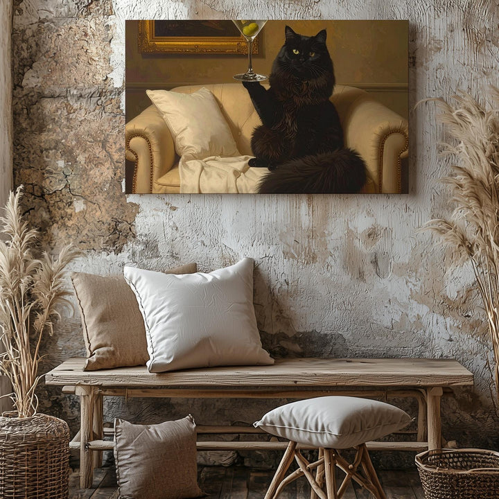 Elegant Martini Cat Canvas – Whimsical Black Cat Portrait with Vintage Charm - Gifitto