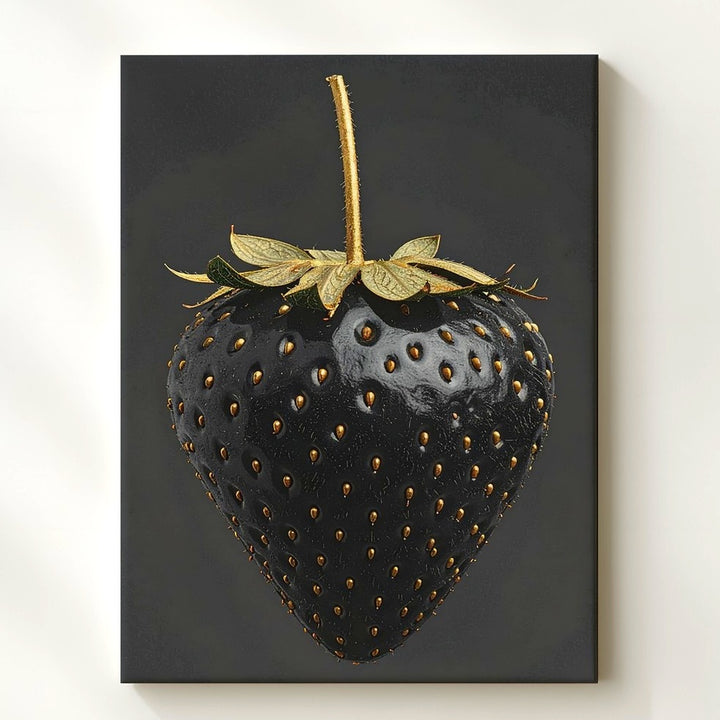 Surreal Black Strawberry Canvas – High-Contrast Digital Art with Golden Details - Gifitto