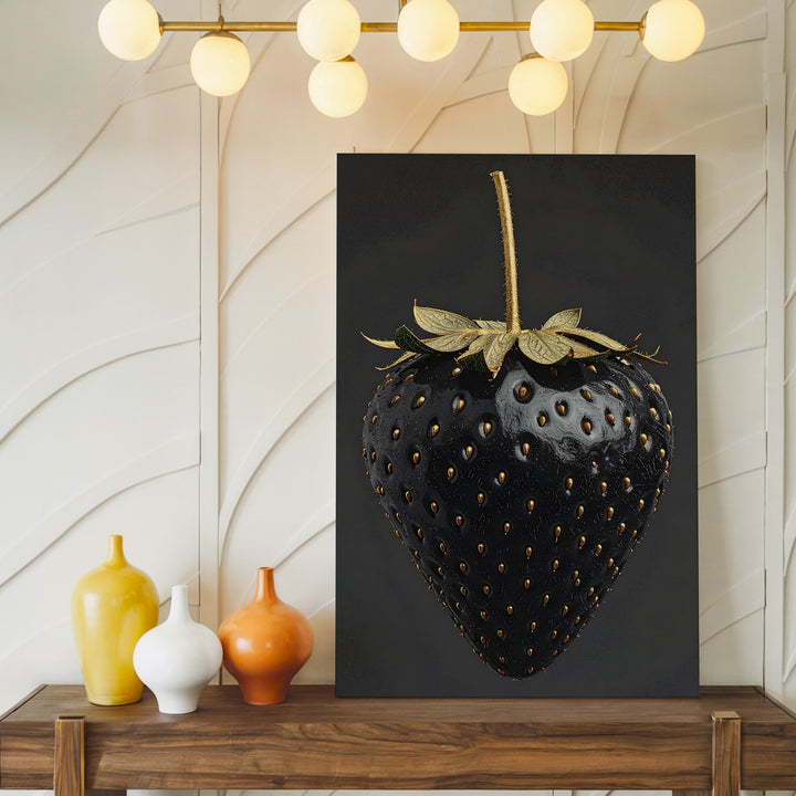 Surreal Black Strawberry Canvas – High-Contrast Digital Art with Golden Details - Gifitto