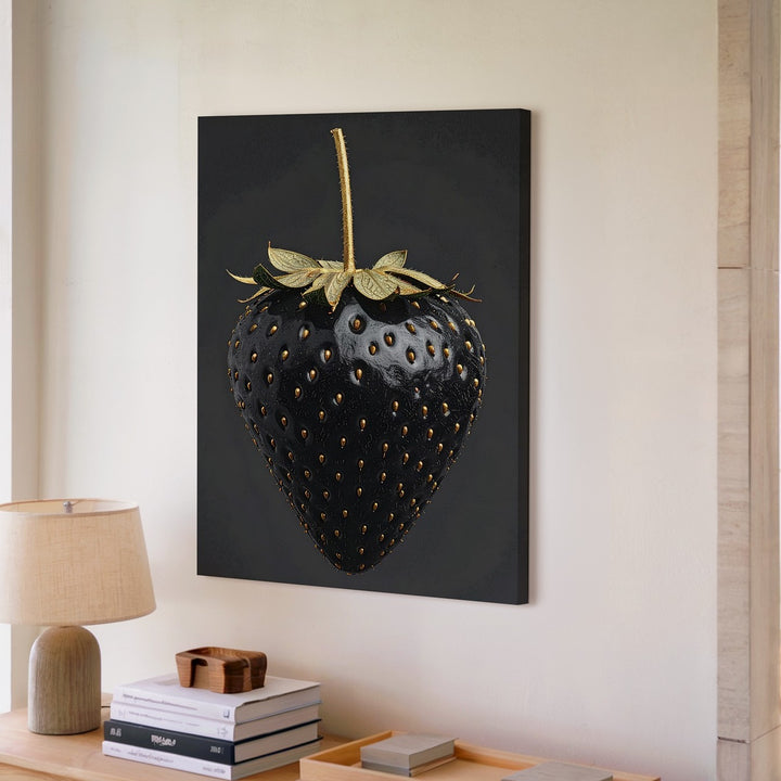 Surreal Black Strawberry Canvas – High-Contrast Digital Art with Golden Details - Gifitto