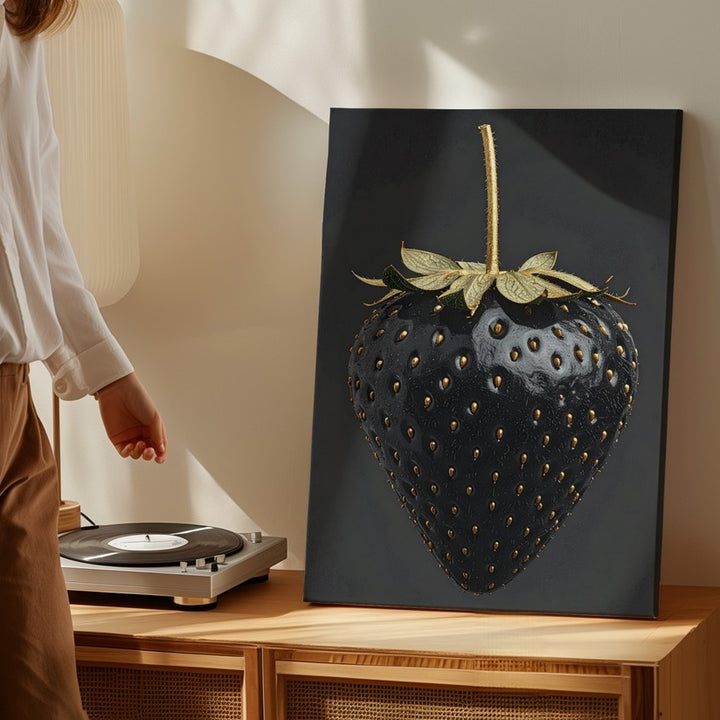 Surreal Black Strawberry Canvas – High-Contrast Digital Art with Golden Details - Gifitto