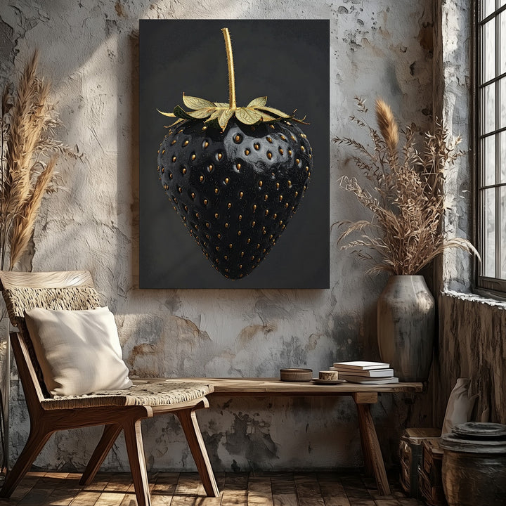 Surreal Black Strawberry Canvas – High-Contrast Digital Art with Golden Details - Gifitto
