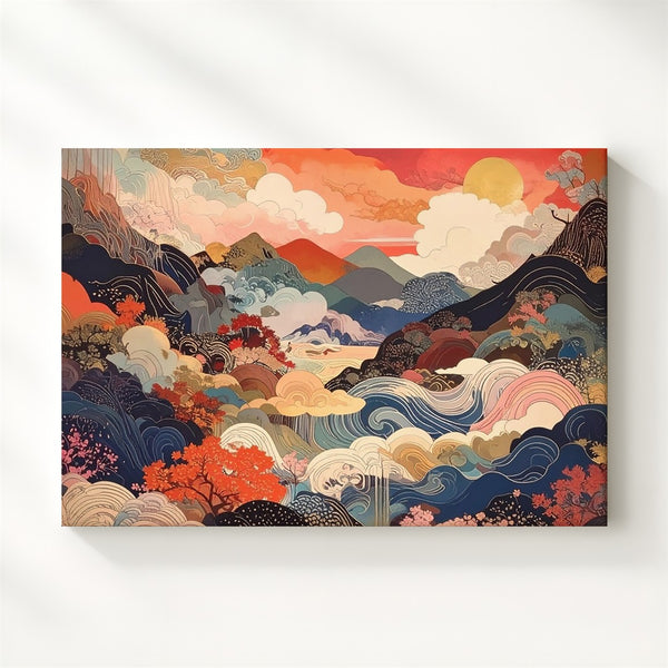Abstract Ukiyo-e Dreamscape Canvas – Surreal Japanese Nature in Vivid Colors - Gifitto